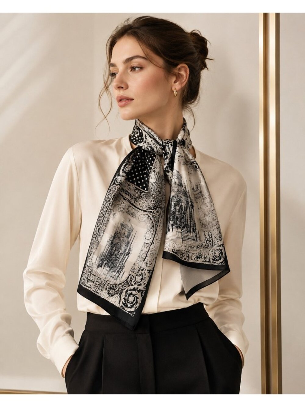 Ellen Tracy 100% Silk Scarf Black White Paris Architecture 58x15 in - Picture 2 of 9